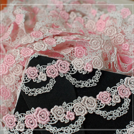 1Yard Pink Blue Lace Trim Craft Flower Lace Fabric Venise Floral Embroidered Applique Decorated Ribbon