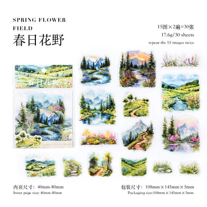JIANQI 30 pcs/lot Beautiful scenery PET waterproof sticker Pack Retro Art decorative hand tent collage Scrapbooking supplies