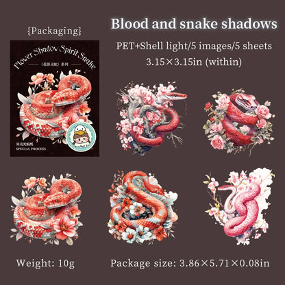 JIANQI 5Pcs Creative Flower Shadow Spirit Snake Stickers hand tent DIY Stick Labels Scrapbooking Material Junk Journal Supplies