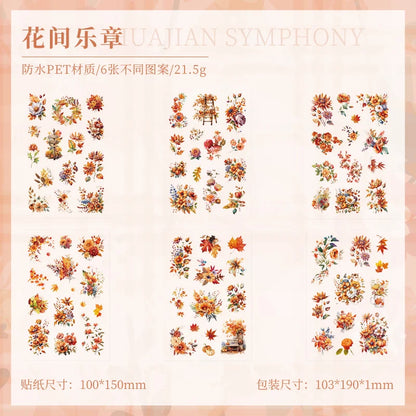JIANQI 6 Sheets Flowers Stickers Die cutting PET Material DIY Scrapbooking Art Collage Stationery Planner Decor Diary Stickers