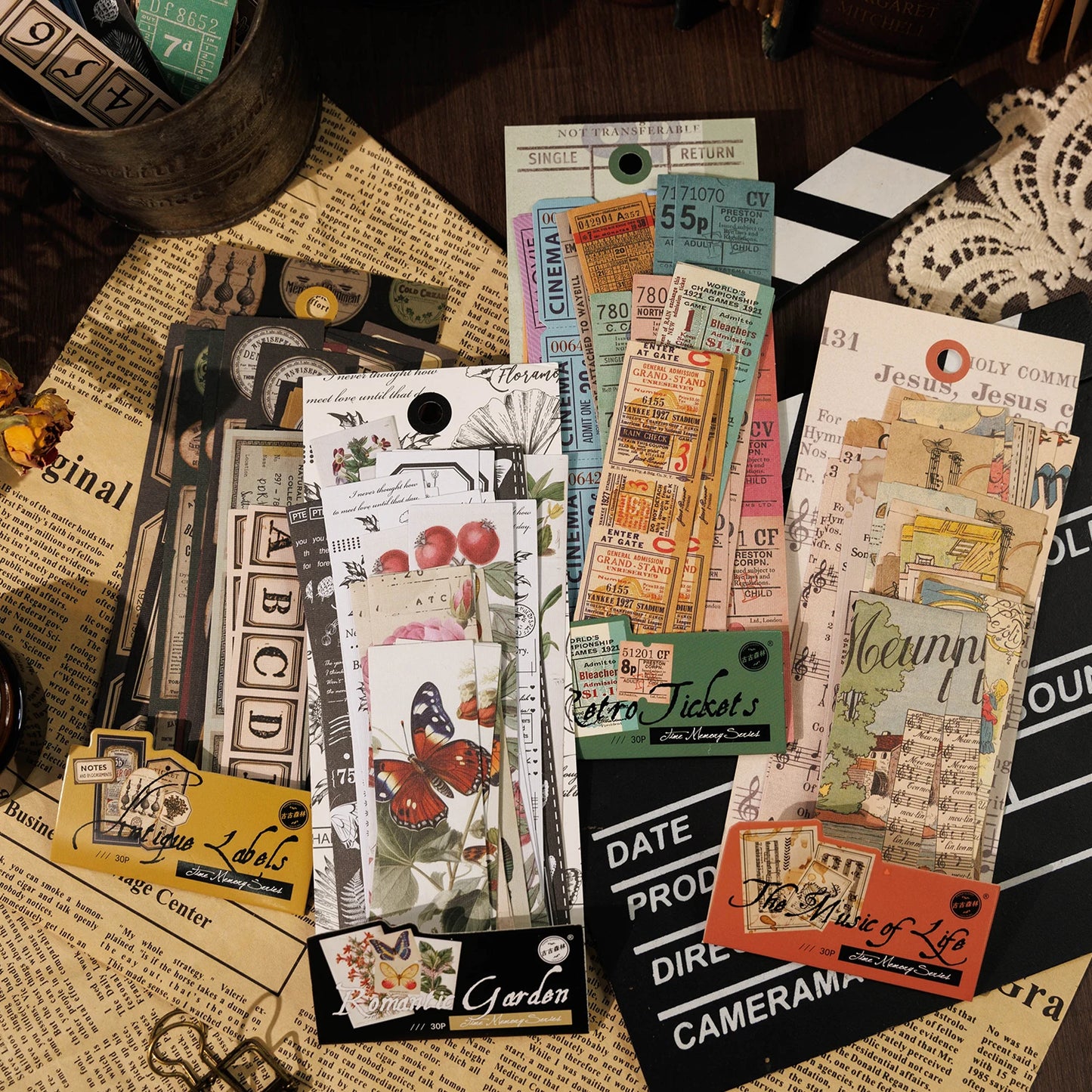 JIANQI 30pcs Vintage Long strip Sticker Pack Junk Journal DIY Scrapbooking Supplies Collage Stationery Stickers