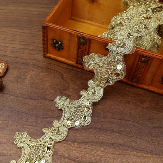 1Yard Gold Sequin Beaded Lace Trim Ribbon Vintage DIY Craft Edging Lace Embroidered