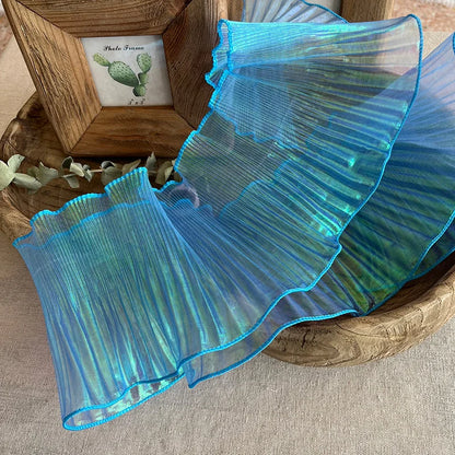 1 Yard Blue Lace Fabric Pleated Mermaid Effect Laser Neon Luster For Women Dress 15CM Wide