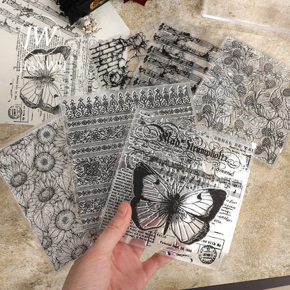 JIANWU Vintage Sunflower Plant Butterfly Landscape Material Collage Transparent Silicone Stamp Creative DIY Journal Stationery