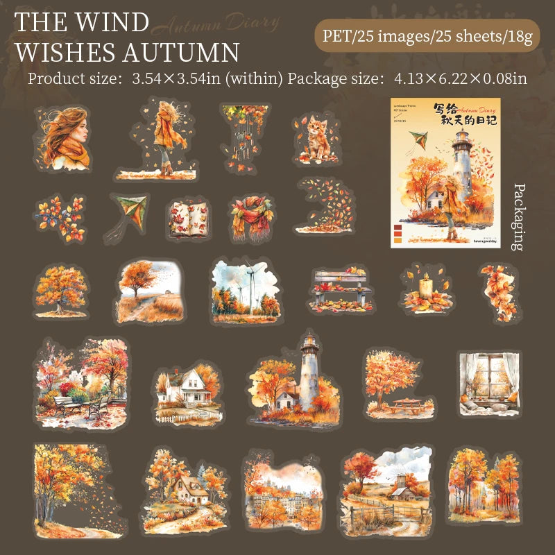 JIANQI 25pcs/pack Autumn Landscape Stickers PET Materials DIY Scrapbooking Art Collage Stationery Planner Decor Diary Sticker