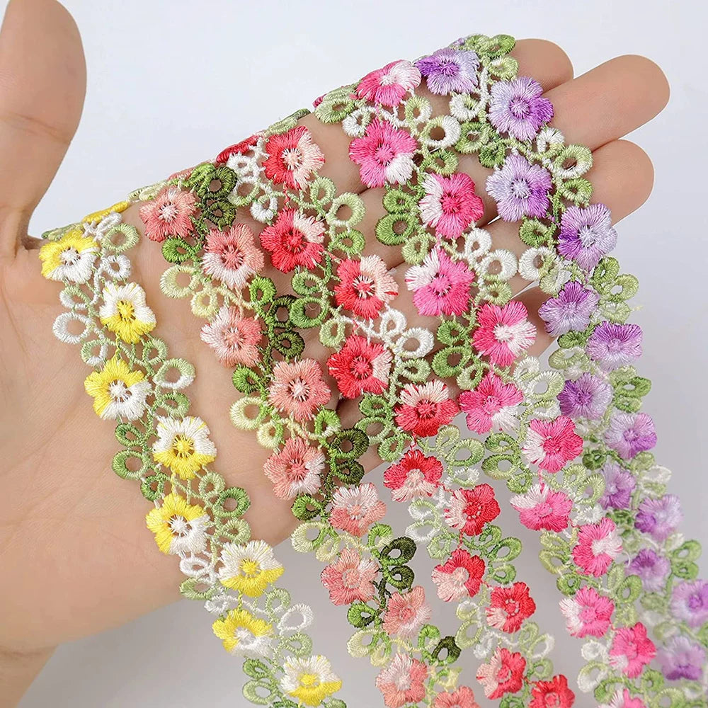 1Yard Pink Green Lace Trim Craft Flower Lace Fabric Venise Floral Embroidered Applique Decorated Lace Ribbon 2CM Wide