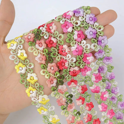 1Yard Pink Green Lace Trim Craft Flower Lace Fabric Venise Floral Embroidered Applique Decorated Lace Ribbon 2CM Wide