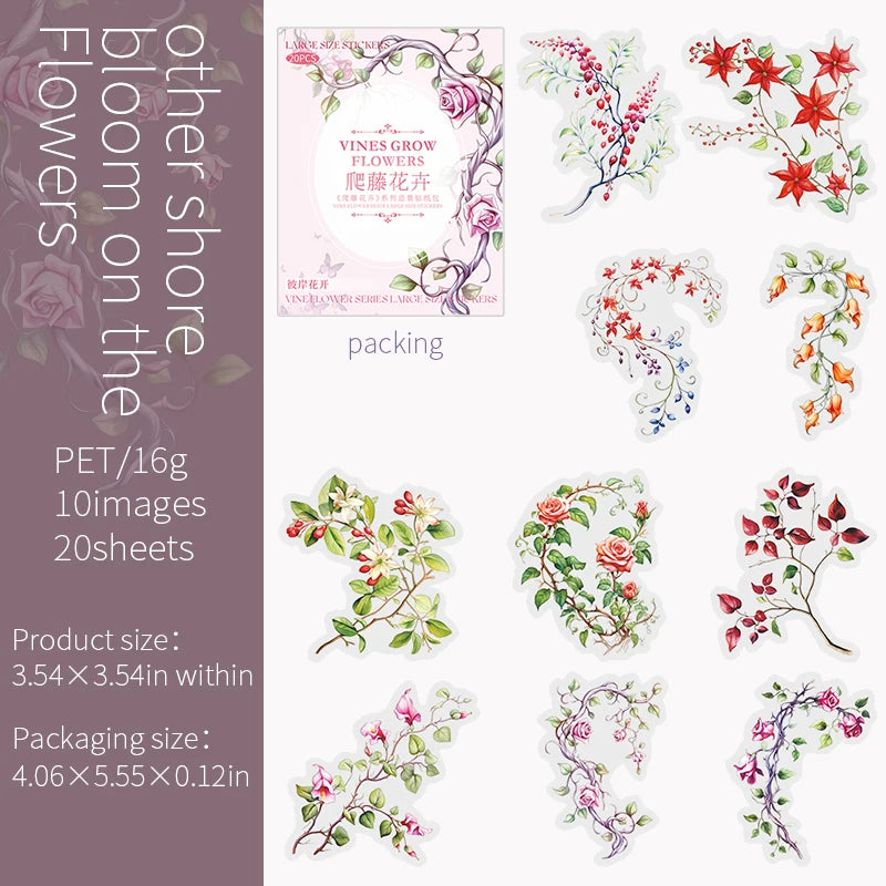 20 pcs/pack Spring Vine flowe Stickers aesthetic Stick Labels Decorative Diary Album Scrapbooking material Junk Journal Supplies