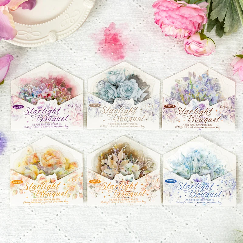 JIANQI 10pcs/pack PET Flower Stickers Smudging Collage Scrapbooking Decor Junk Journal Stationery DIY Flowers Sticker Pack