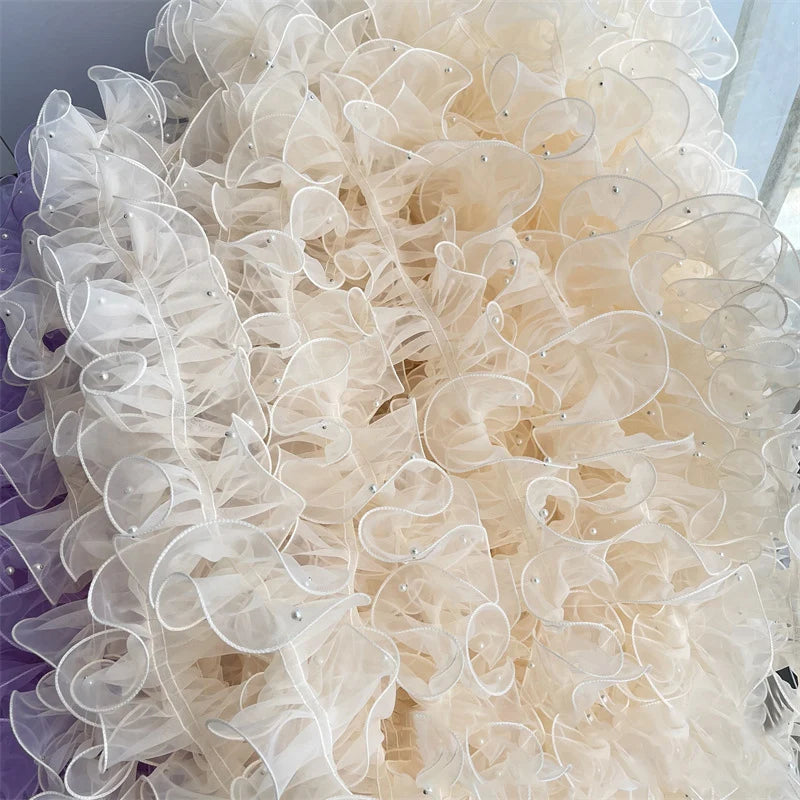 1 Yard Pink White Blue WavesPleated Lace Trims Ribbon Fabric Applique Fold Ruffle with Beads DIY Sewing Supplies Craft