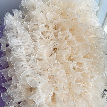 1 Yard Pink White Blue WavesPleated Lace Trims Ribbon Fabric Applique Fold Ruffle with Beads DIY Sewing Supplies Craft
