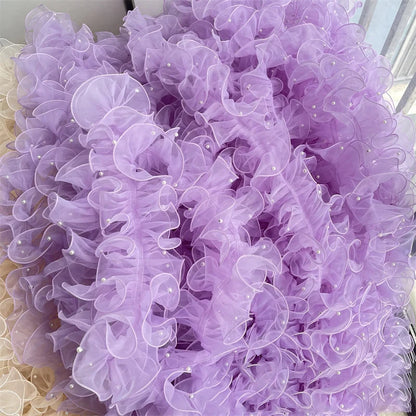 1 Yard Pink White Blue WavesPleated Lace Trims Ribbon Fabric Applique Fold Ruffle with Beads DIY Sewing Supplies Craft