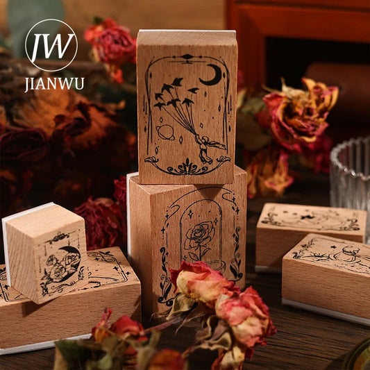 JIANWU 6 Pcs/set Rose Prince Series Vintage Wooden Rubber Stamp Set Creative DIY Journal Printing Decor Material  Stationery