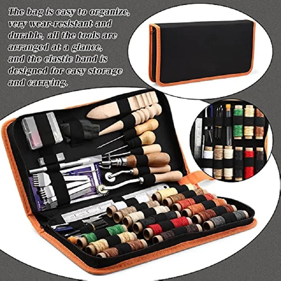 52Pcs/set Leather Sewing Tools Kit DIY Leather Craft Tools Hand Stitching Tool Set with Groover Awl Waxed Thread Thimble