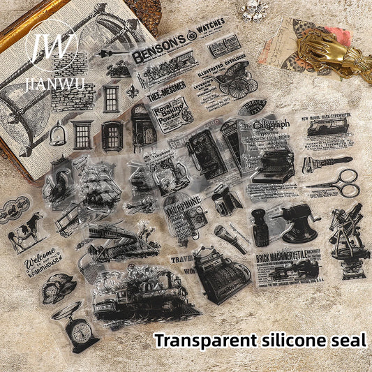 JIANWU Vintage Door Window Hot Air Balloon Material Collage Landscape Transparent Silicone Stamp Creative DIY Journal Stationery