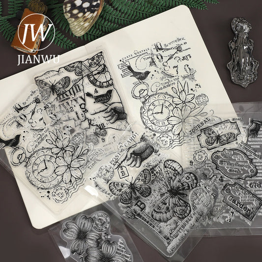 JIANWUVintage Butterfly Flower Label Character Landscape Material Collage Transparent Silicone Stamp Creative Journal Stationery