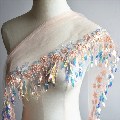 1 Yard Lace Fabric Trims Fringe Tassel Sequins Paillette Ribbon Handmade Sewing Clothes Accessories 12CM Wide