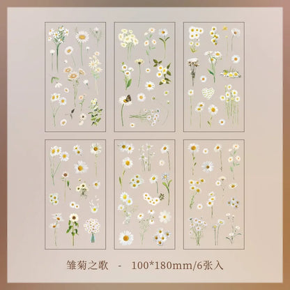 JIANQI 6pcs/pack Transparent PET Stickers Scrapbooking Materials DIY Junk Journal Collage Floral Leaves Plants Decor Stickers
