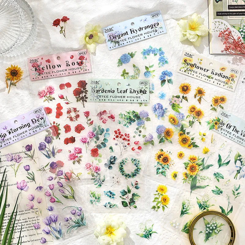 JIANQI 6pcs/pack Plant Flower Stickers PET Material DIY Scrapbooking Collage Junk Journal Planner Deco Stationery Sticker