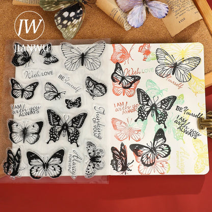 JIANWU Vintage Tree Plant Flower Butterfly Label Bill Landscape Material Collage Silicone Stamp Creative DIY Journal Stationery