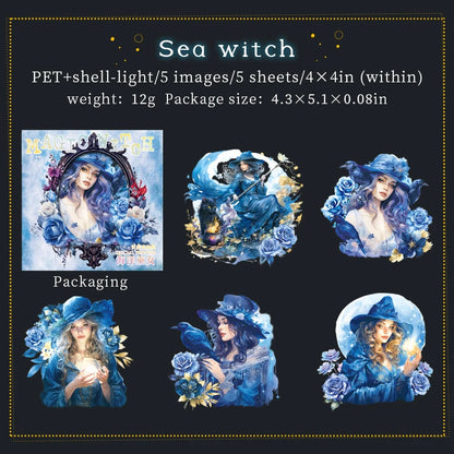 JIANQI 5 pcs Flash laser Magic Witch Stickers pack Adhesive Diy Diary Album Scrapbooking material junk journal supplies