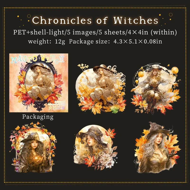 JIANQI 5 pcs Flash laser Magic Witch Stickers pack Adhesive Diy Diary Album Scrapbooking material junk journal supplies