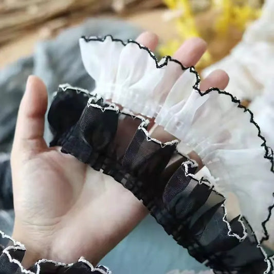 2Yards White Black Organza Pleated Fabric Lace Ruffle Trim Embroidery Fringe Ribbon DIY Apparel Sewing Guipure Decor 4CM Wide