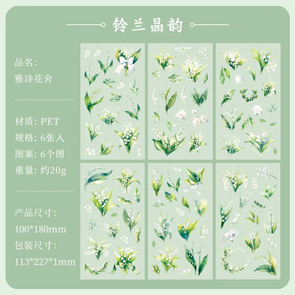JIANQI 6pcs/pack Plant Flower Stickers PET Material DIY Scrapbooking Collage Junk Journal Planner Deco Stationery Sticker