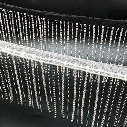1Yard Black and White Rhinestone Crystal Chain Lace Handmade Tassel Fabric Border Metal Chain Bead 9CM Wide