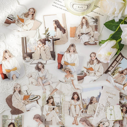 JIANQI 30 pcs/pack Reading girl Stickers aesthetic Stick Labels Decorative Diary Album material Scrapbooking Supplies