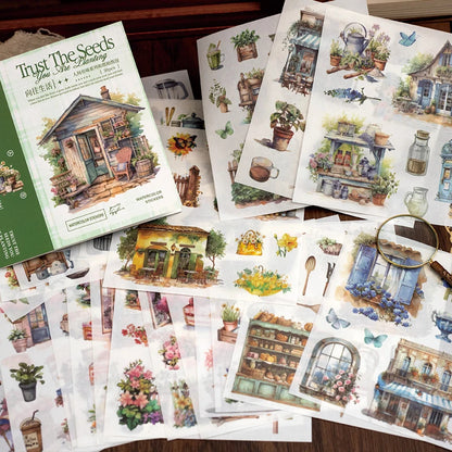 JIANQI 50pcs/book Light Retro Floral Plant Stickers Beautiful scenery Theme Double Material Handbook Backing Decal Stationery