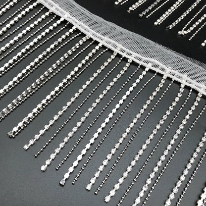 1Yard Black and White Rhinestone Crystal Chain Lace Handmade Tassel Fabric Border Metal Chain Bead 9CM Wide