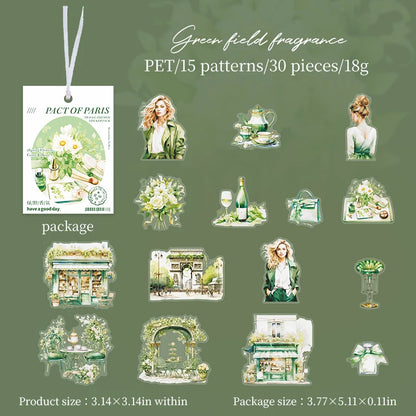 JIANQI 30 pcs/pack Paris Travel PET Stickers Decor DIY Scrapbooking Materials Art Collage Stationery Aesthetics Stickers