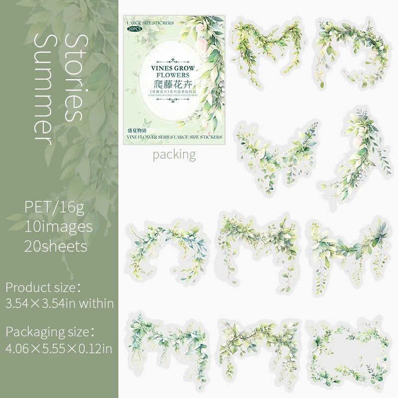 20 pcs/pack Spring Vine flowe Stickers aesthetic Stick Labels Decorative Diary Album Scrapbooking material Junk Journal Supplies