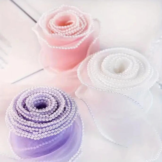 5 Yards Pearl Edged Fishtail Yarn Pleated Wave Handmade DIY Flower Packaging Cake Ribbon Lace 4CM Wide
