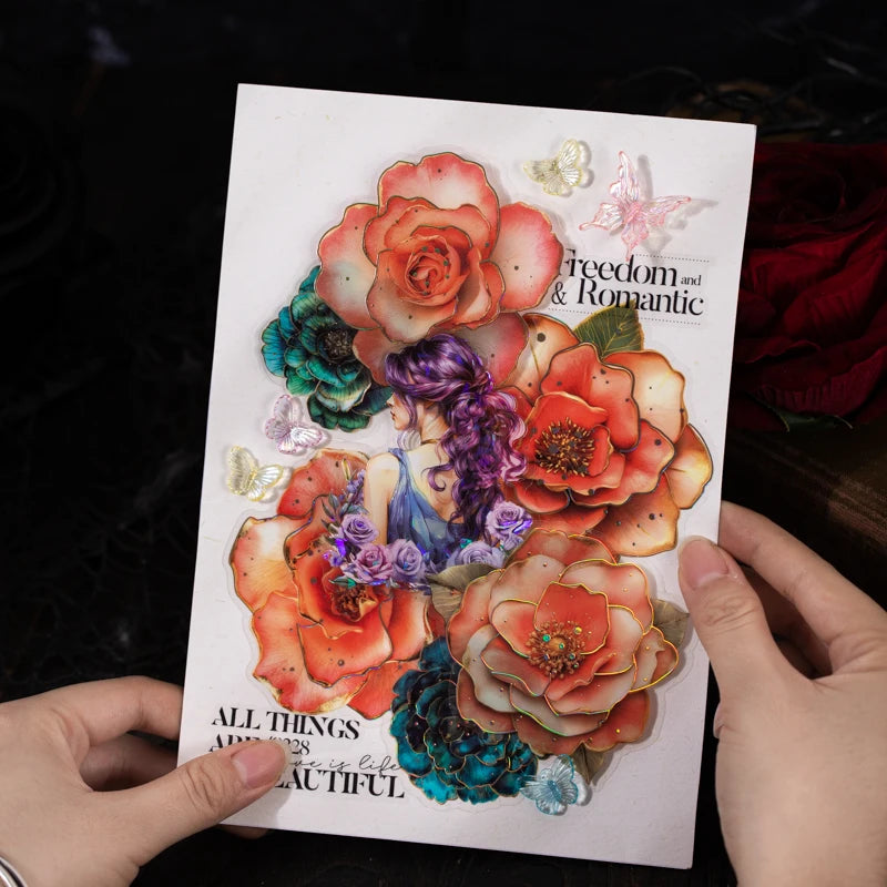 JIANQI 10pcs Transparent Flowers PET Stickers Scrapbooking Materials DIY Junk Journal Collage Collage language Decor Stickers