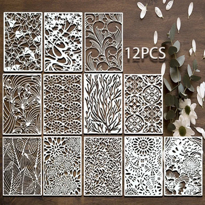 JIANWU 12pcs/16pcs Leaves Coral Plant Lines Pattern Hollow Material Painting Template Stamp Creative Student Supplies Stationery