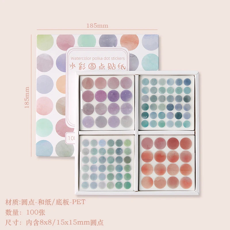 100 Sheets Watercolor Polka Dot Sticker Bullet Journaling Accessories Scrapbooking DIY Color Label Washi Sticker Stationery Gift