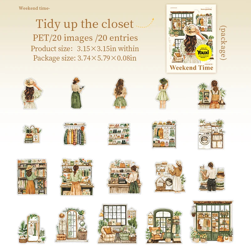 JIANQI 20 Pcs/pack Girls' Weekend PET Stickers hand tent DIY Stick Labels Scrapbooking Material Junk Journal Supplies