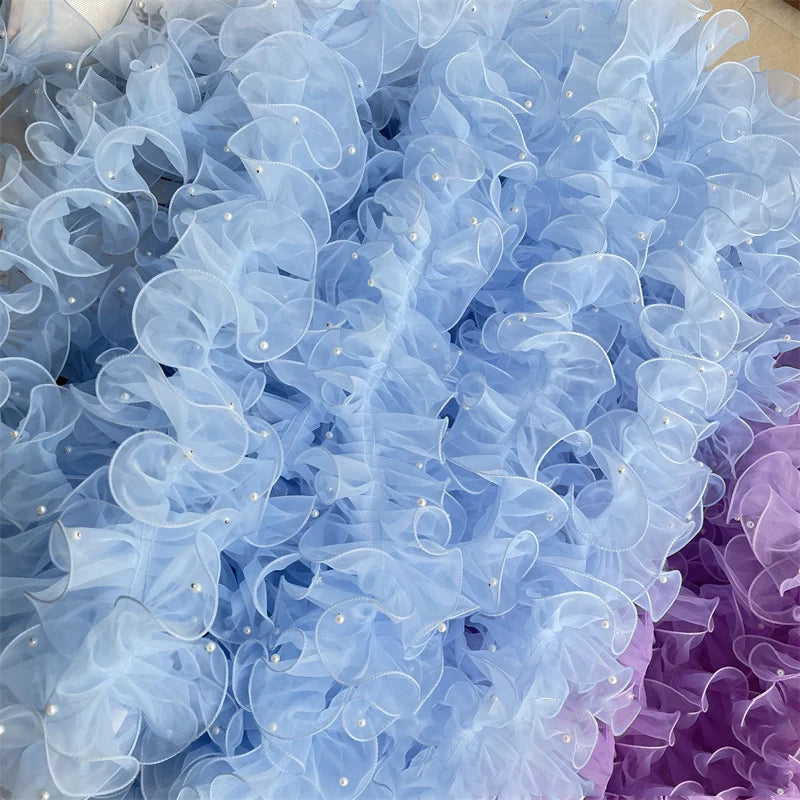 1 Yard Pink White Blue WavesPleated Lace Trims Ribbon Fabric Applique Fold Ruffle with Beads DIY Sewing Supplies Craft