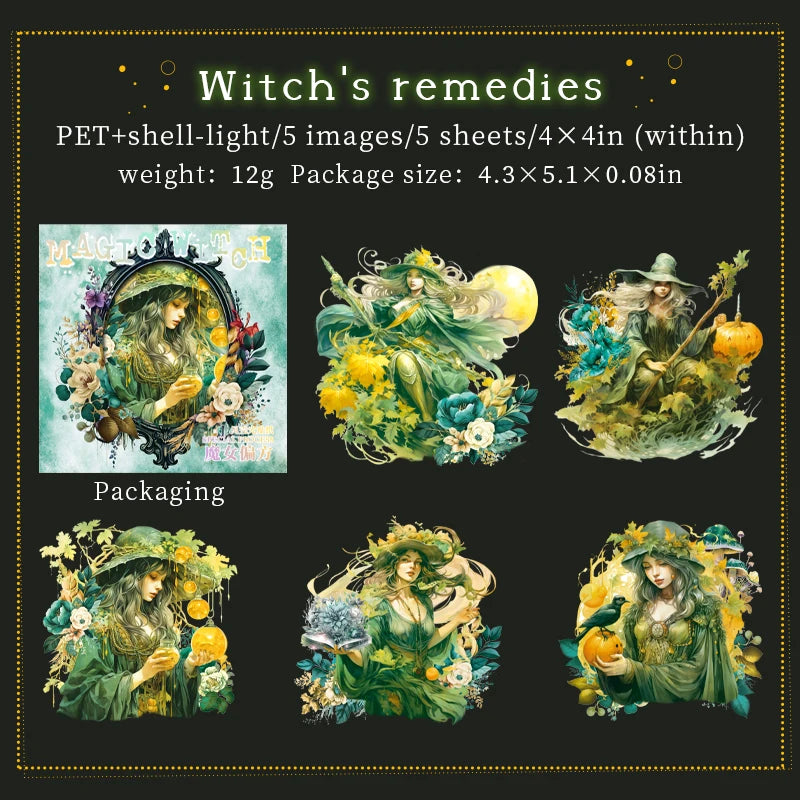 JIANQI 5 pcs Flash laser Magic Witch Stickers pack Adhesive Diy Diary Album Scrapbooking material junk journal supplies