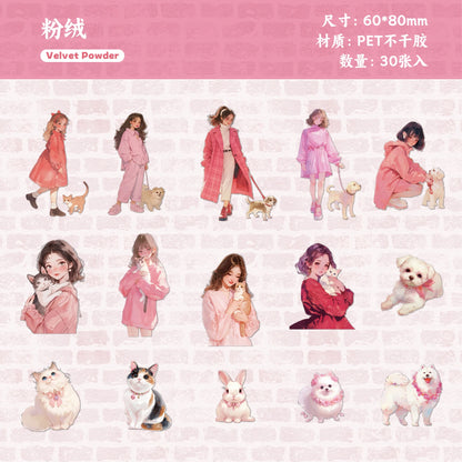 JIANQI 30 pcs PET Animal theme Stickers Cat dog girl Decorative handmade Scrapbooking Material Diary Album Craft Supplies