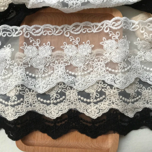1 Yard Embroidery White Beige Black Cotton Lace Fabric For Dress Skirt Accessories 7.5CM Wide