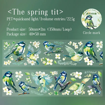 JIANQI 50mm*2m Kawaii Flowers and birds PET tape Decorative Labels Masking tape hand made junk journal supplies