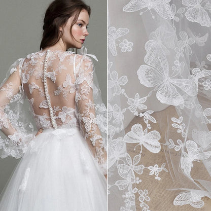 1 Yard Black and White Butterfly Flower Embroidery Lace Chiffon Fabric Clothing Wedding Dress DIY Craft Decoration 150CM