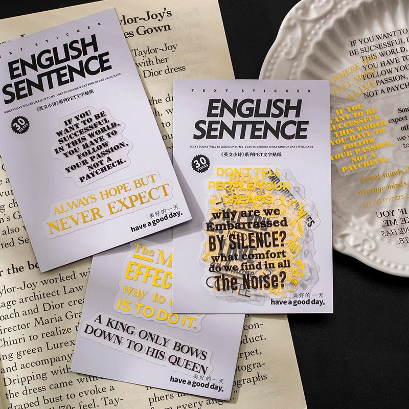 JIANQI 30 pcs Bronzing English Poems Stickers Decorative Stick Labels journaling Album hand made Collage material Diy Sticker