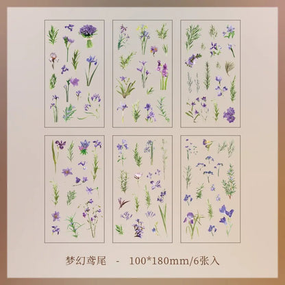 JIANQI 6pcs/pack Transparent PET Stickers Scrapbooking Materials DIY Junk Journal Collage Floral Leaves Plants Decor Stickers