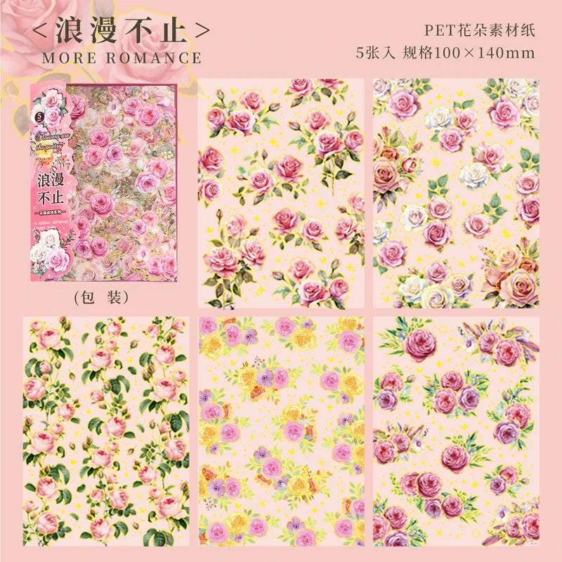 JIANQI 5 Sheets PET Flowers Stickers INS Decorative handmade Scrapbooking Material Diary Album Craft Supplies