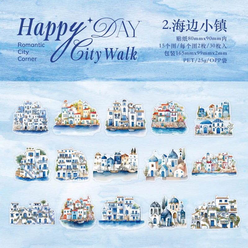 JIANQI 30pcs city Landscape Material Stickers Scrapbooking Junk Journal Creative Stationery DIY Deco Stickers School Supplies