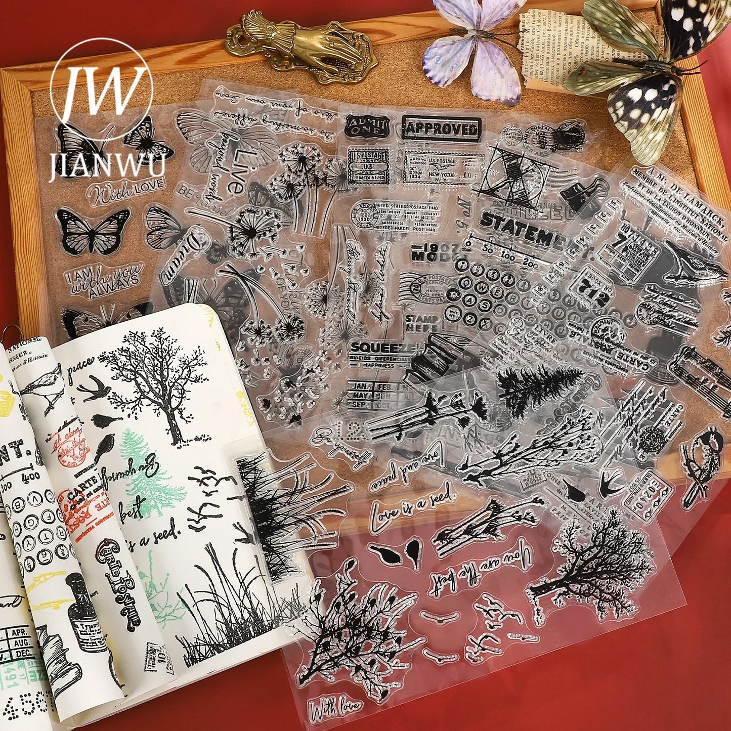 JIANWU Vintage Tree Plant Flower Butterfly Label Bill Landscape Material Collage Silicone Stamp Creative DIY Journal Stationery